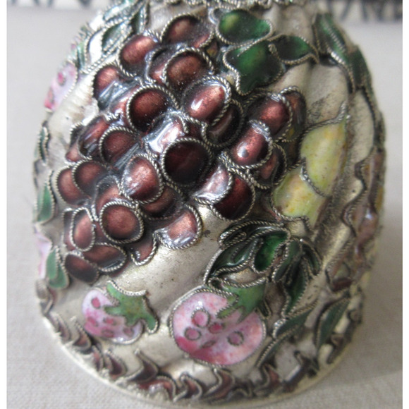 Vintage 80s Cloisonne Bird & Fruit Domed Enamel Silver Tone Bell Cottage 4" - Picture 2 of 6